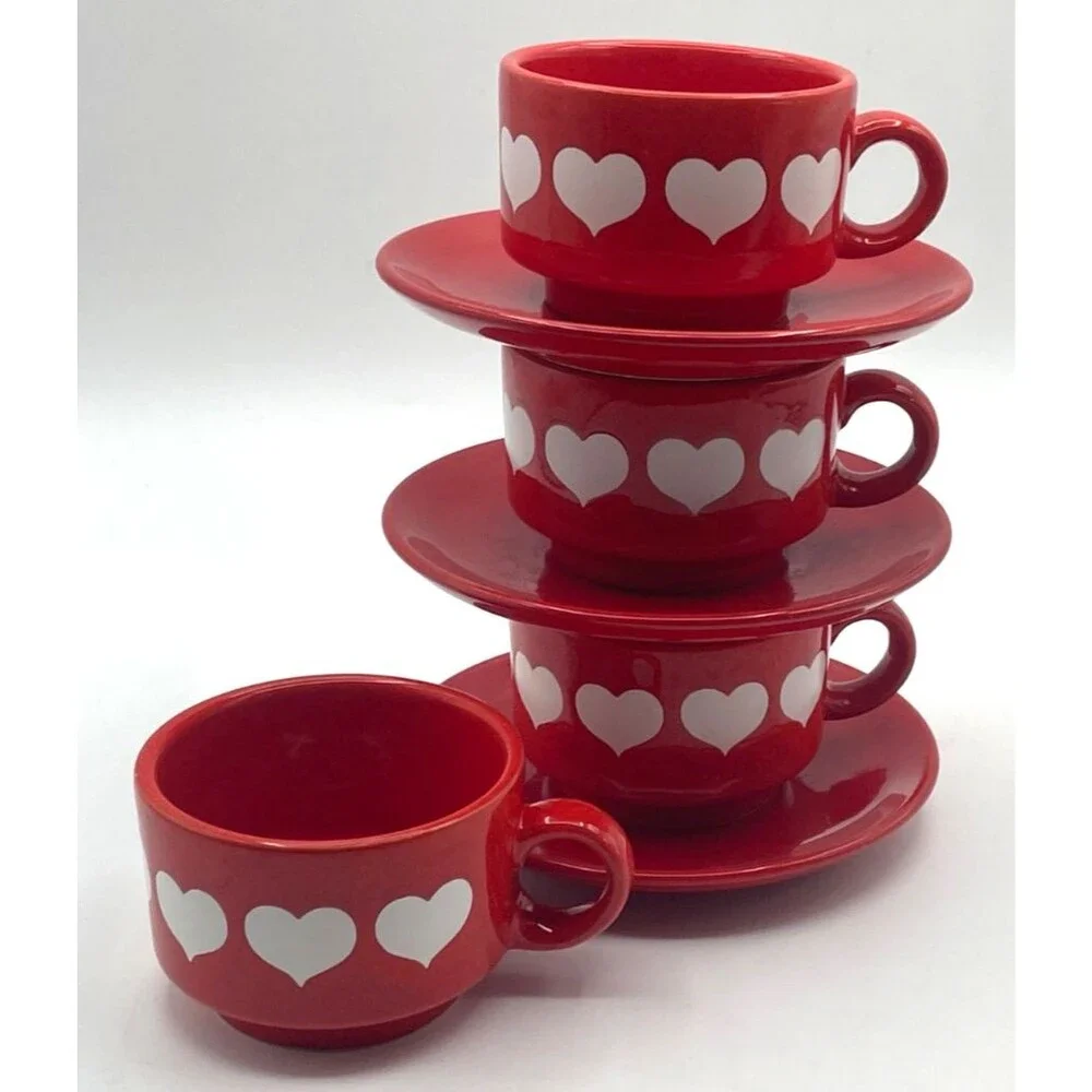 Vintage Red Heart Waechtersbach 4 Tea Cups & 3 Saucers Stackable Retired MINT